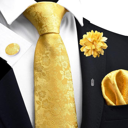GUSLESON 3.15"（8cm） Mens Floral Tie and Lapel Pin Necktie Hankerchief Cufflinks Set for Men