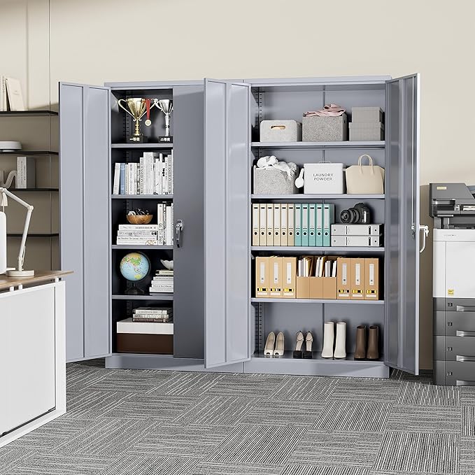 SUNCROWN 72" Metal Storage Cabinet - Heavy-Duty Metal Garage Cabinet with 4 Adjustable Shelves & 2 Doors for Tools, Office, Home, Workshop,Cement Grey