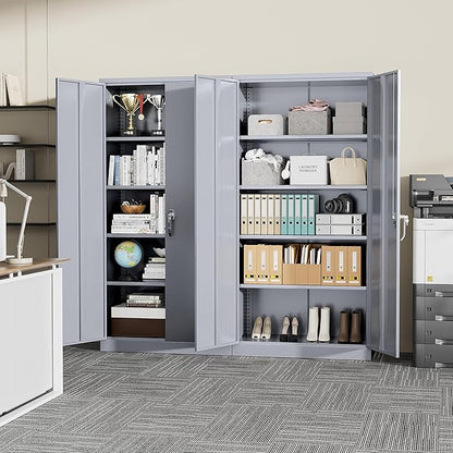 SUNCROWN 72" Metal Storage Cabinet - Heavy-Duty Metal Garage Cabinet with 4 Adjustable Shelves & 2 Doors for Tools, Office, Home, Workshop,Cement Grey