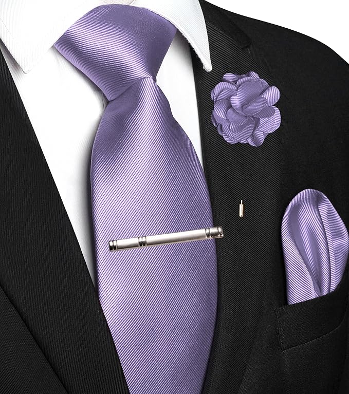JEMYGINS Formal Necktie Solid Color Tie and Pocket Square with Tie Clip Lapel Pin Sets for Men 4PCS