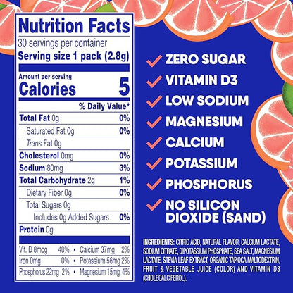 GoHydrate Low Sodium Electrolytes Powder Packets Sugar Free - Instant Hydration Daily Drink Mix - Zero Sugar Water Flavor Packet Singles with Vitamin D - (Grapefruit, 30 Packs)