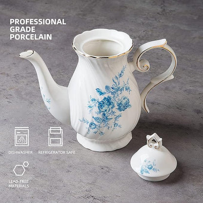 tea pot ceramic, Porcelain teapot with lid, 38.8 Oz for Tea, Milk, Coffee, Flower tea(Blue)