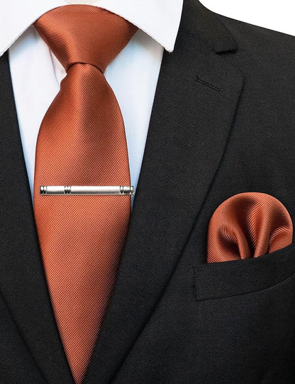 JEMYGINS Solid Color Formal Necktie and Pocket Square Tie Clip Sets for Men
