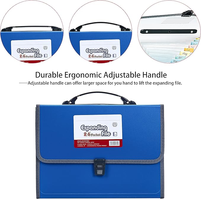 FANWU 26 Pockets Expanding File Accordion Folder with Handle - Letter A4 Paper Size - Expandable Large Plastic File Folder Wallet Monthly Portable Document Organizer with Flap & Buckle (Blue)