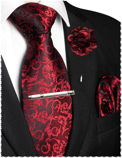 JEMYGINS Mens Floral Tie and Lapel Pin Necktie Pocket Square and Tie Clip with Sets for Business Casual 4PCS