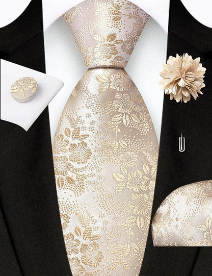 GUSLESON 3.15"（8cm） Mens Floral Tie and Lapel Pin Necktie Hankerchief Cufflinks Set for Men