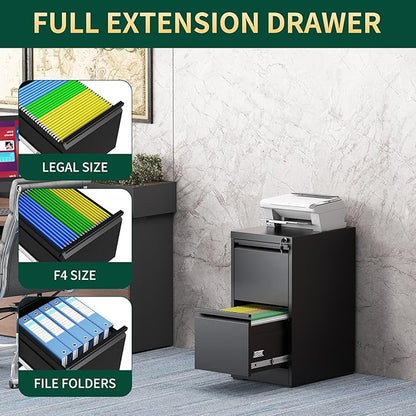 2 Drawer File Cabinet with Lock, Steel Vertical Filing Storage Cabinet for Home Office, Heavy-Duty File Cabinets for Letters/Legal/A4 (Require Assembly, Black)