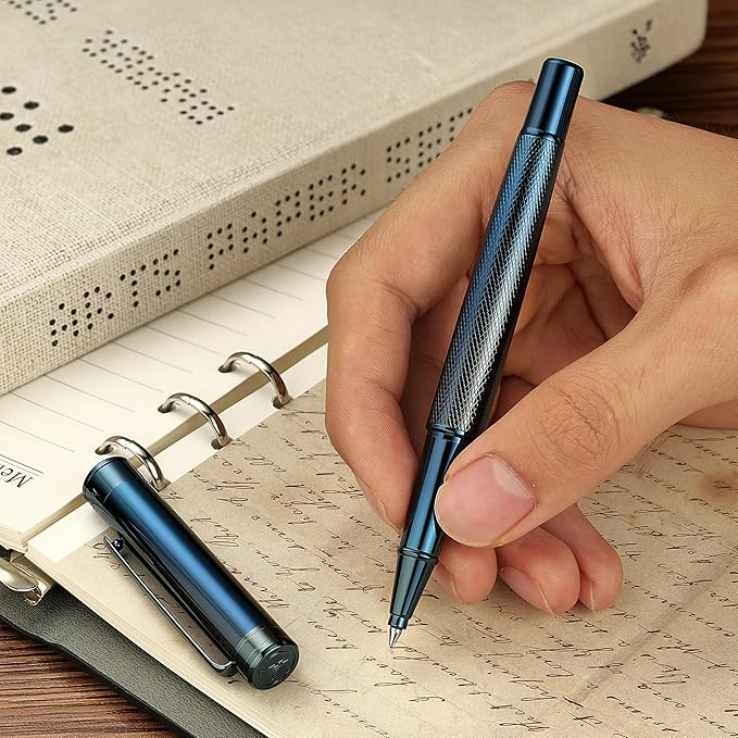 Electroplated Blue Rollerball Pen, Stunning Luxury Pen with Mesh Texture Design、Schmidt Ink Refill, Nice Gift Set for Men & Women, Business, Executive, Office, Fancy, Nice Fancy Designer Pens