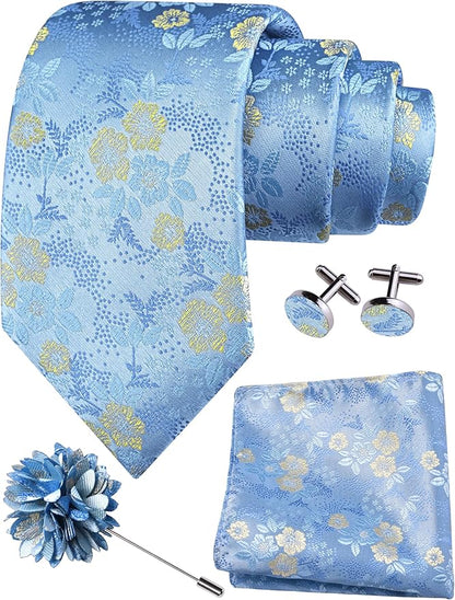 GUSLESON 3.15"（8cm） Mens Floral Tie and Lapel Pin Necktie Hankerchief Cufflinks Set for Men