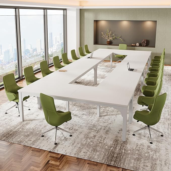 19FT Conference Table, Super Sturdy Large Rectangle Meeting Seminar Table, Office Desk for Meeting Room Study Writing Printer Table, Long Business Tables for 16-22 Person, 6 Pcs White