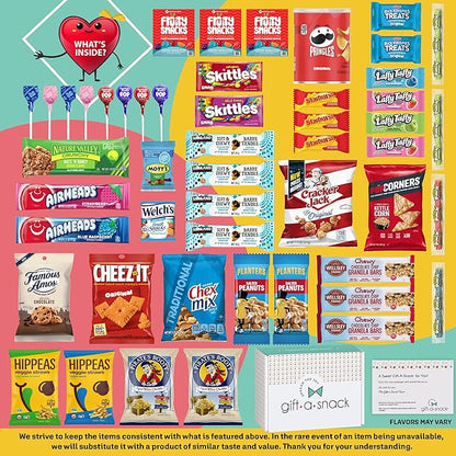 Gift A Snack - Halloween Trick or Treats Snack Box Variety Pack Care Package + Greeting Card (50 Count) Birthday Sweet Treats Gift Basket, Candies Chips Crackers Bars, Office Food Assortments
