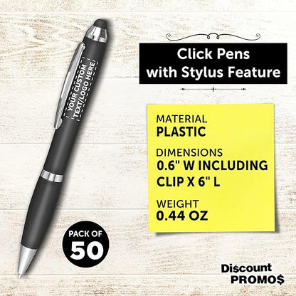 DISCOUNT PROMOS Custom Plastic Stylus Pens Set of 50, Personalized Bulk Pack - Black Ink, Great for Office, School, Business, Tradeshows, Events - Black