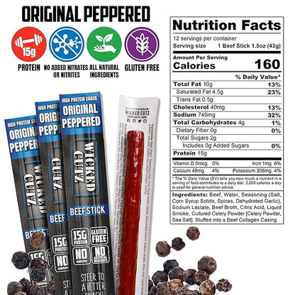 Wicked Cutz Beef Sticks Variety Pack, 4 Flavors & 15g Protein Per Meat Stick, Tender & Easy to Chew USA Made High Protein Meat Sticks, Extra Large Beef Stick, Carnivore Snacks (48 Pack)