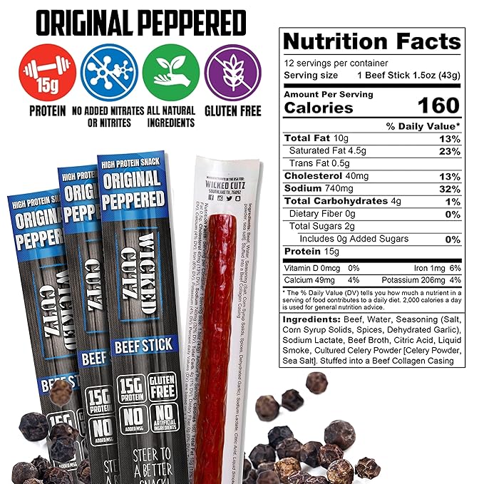 Wicked Cutz Original Peppered Beef Sticks, 15g Protein Per Beef Stick, Tender & Juicy Extra Large Meat Stick, USA Made High Protein Meat Sticks, Carnivore Snacks (12 Pack)