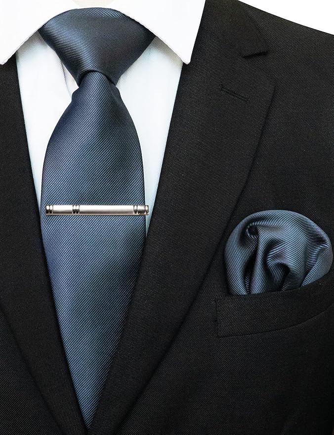 JEMYGINS Solid Color Formal Necktie and Pocket Square Tie Clip Sets for Men