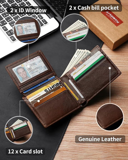 Mens Wallet Bifold Genuine Leather RFID Blocking Wallet for Men with 2 ID Windows 12 Card Holders 2 cash pockets 1 Gift Box
