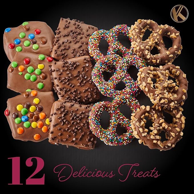 KREMERY Creamy Chocolate Cravings - Halloween Treats For Adults Chocolate Covered Pretzel Twists & Grahams Cookies Gift Basket, in Brown Gift Box (12 Count, Assorted Sweet Toppings) Holiday Christmas