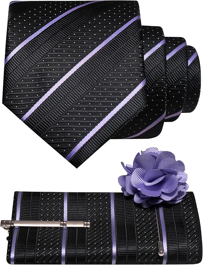 JEMYGINS Mens Striped Tie and Lapel Pin Necktie Pocket Square with Tie Clip Sets for Business Casual 4PCS