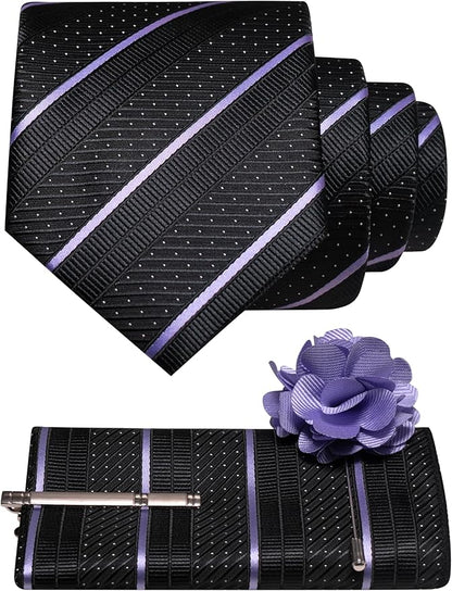 JEMYGINS Mens Striped Tie and Lapel Pin Necktie Pocket Square with Tie Clip Sets for Business Casual 4PCS