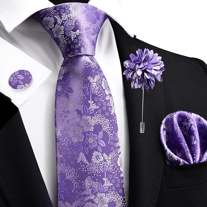 GUSLESON 3.15"（8cm） Mens Floral Tie and Lapel Pin Necktie Hankerchief Cufflinks Set for Men