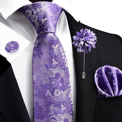 GUSLESON 3.15"（8cm） Mens Floral Tie and Lapel Pin Necktie Hankerchief Cufflinks Set for Men