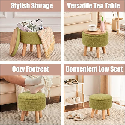 Poofzy Small Ottoman with Storage, Small Foot Stool Ottoman with Wood Legs, Sherpa Foot Rest for Couch, Living Room and Bedroom - Olive Green