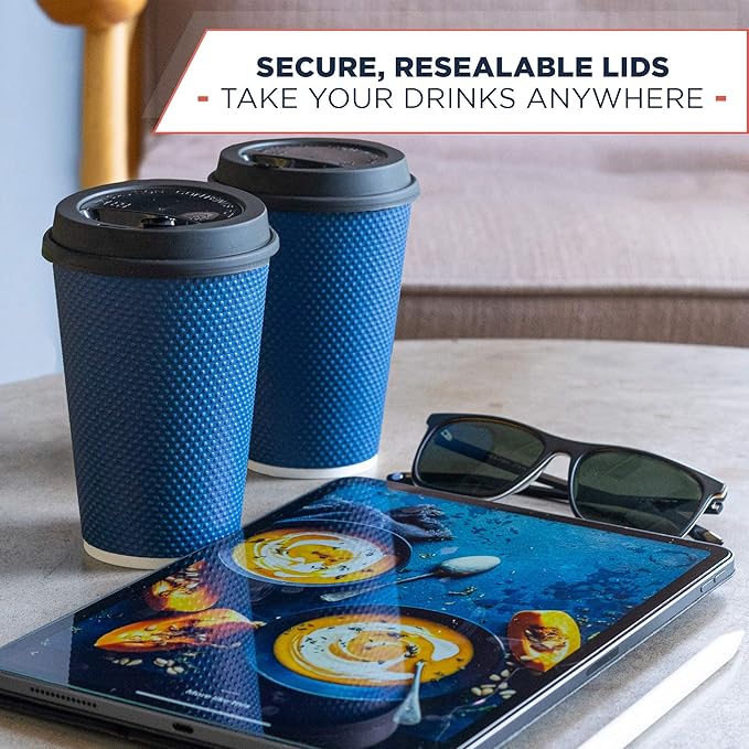 Disposable Coffee Cups With Lids - 12 oz Togo Coffee Cup With Lid (80 Set). To go Travel Paper Hot Cups Insulated For Hot and Cold Beverage Drinks, No Sleeves Needed (Midnight Blue)