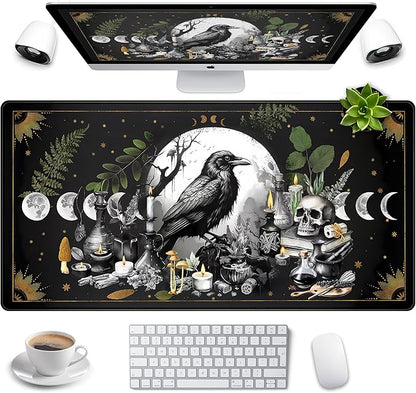Cute Kawaii Raven Desk Mat XXL Large Extended Gaming Mouse Pad Nature Forest Gothic Mousepad with Stitched Edges, Anime Skull Laptop Keyboard and Mouse Mat Desk Pad for Work Game 31.5x15.7 in