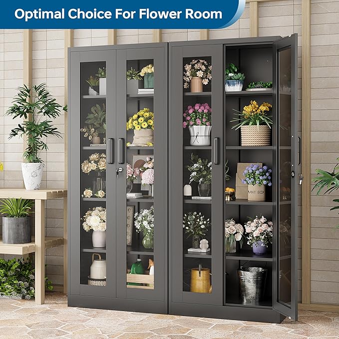Display Storage Cabinet with Glass Door, 67 Inches Metal Curio Cabinet with 4 Adjustable Shelves, Lockable Glass Display Case for Home, Office, Clinic, Pantry, Assemble Required (Black)