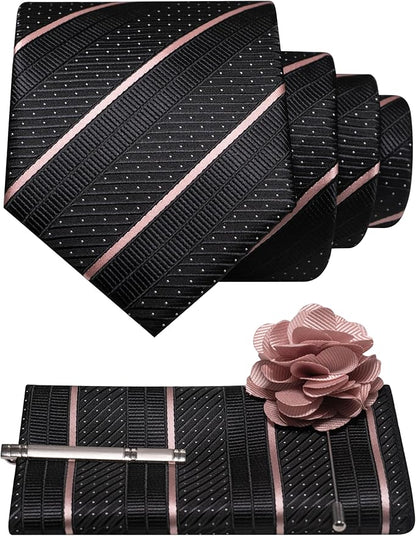 JEMYGINS Mens Striped Tie and Lapel Pin Necktie Pocket Square with Tie Clip Sets for Business Casual 4PCS