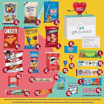 Gift A Snack - Halloween Trick or Treats Snack Box Care Package Variety Pack + Greeting Card (200 Count) Birthday Sweet Treats Gift Basket, Candies Chips Crackers Bars, Office Food Assortments