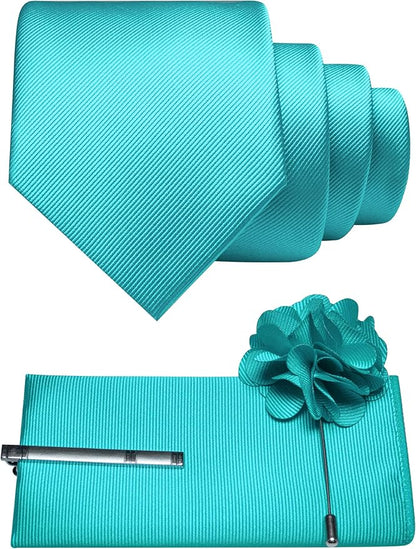 JEMYGINS Formal Necktie Solid Color Tie and Pocket Square with Tie Clip Lapel Pin Sets for Men 4PCS