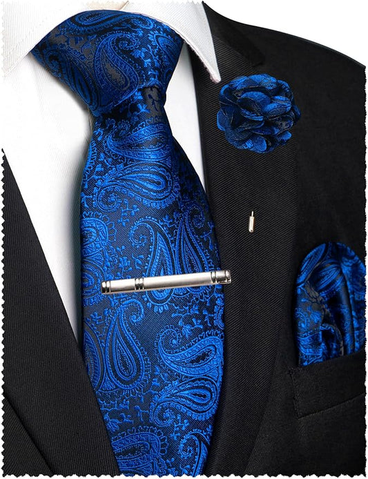 JEMYGINS Mens Paisley Tie and Lapel Pin Necktie Pocket Square and Tie Clip with Sets for Business Casual 4PCS