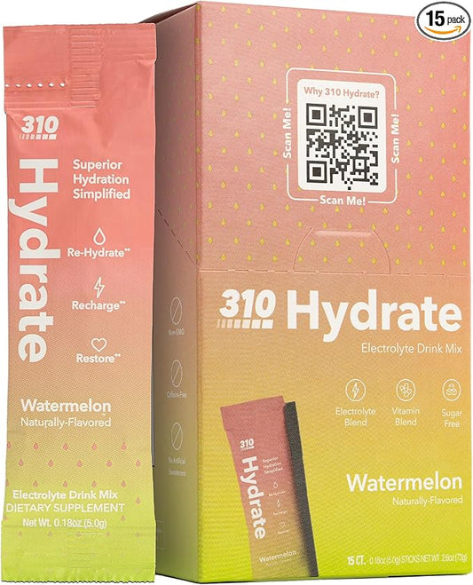 310 Nutrition Sugar Free Electrolytes Powder - Instant Hydration Packets for Daily Fluid Balance - Caffeine-Free Rehydration Drink Mix w/Vitamins, Low Calorie & Keto Friendly - Watermelon 15 Singles