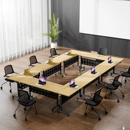 Conference Room Table, 55 Inch Folding Conference Tables with Wheels, Modern Office Meeting Table, Easy Flip & Nest Design, Rectangular Seminar Tables with Metal Frame for 2-24 People(F 6PCS)