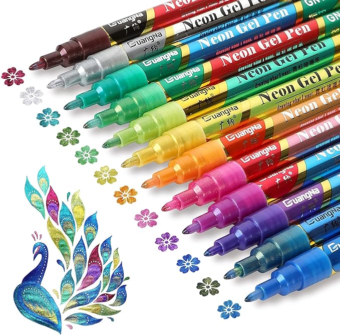 Glitter Markers Pen: Easter Basket Essentials Stuffers 12 Glitter Colors Metallic Shimmer Marker Fine Tip Water-based Ink for Kids Adults DIY Crafts Greeting Birthday Cards Making Mugs Wood