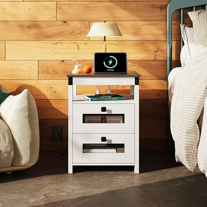 WLIVE Nightstand with Charging Station, Farmhouse End Table, Bed Side Table with 2 Storage Drawers and Open Shelf, Wood Rustic Nightstands for Bedroom, Living Room, White