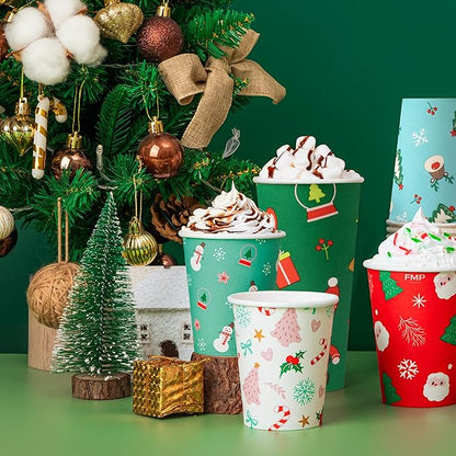 Fit Meal Prep 50 Pack 16 oz Christmas Disposable Coffee Cups, Durable Thickened Christmas Paper Cups for Hot Beverage Chocolate Tea Cocoa, Xmas Party Cups for Kids, Adult, Party, Holiday