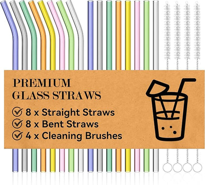 Foogwee® 20 Packs Reusable Glass Straws Set, 8.5'' x 10mm Clear Drinking Straws for Smoothies, Shakes, Coffee, Juice, Sodas, Milk, Tea, Cocktails, Set of 8 Straight and 8 Bent with 4 Cleaning Brushes