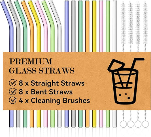 Foogwee® 20 Packs Reusable Glass Straws Set, 8.5'' x 10mm Clear Drinking Straws for Smoothies, Shakes, Coffee, Juice, Sodas, Milk, Tea, Cocktails, Set of 8 Straight and 8 Bent with 4 Cleaning Brushes