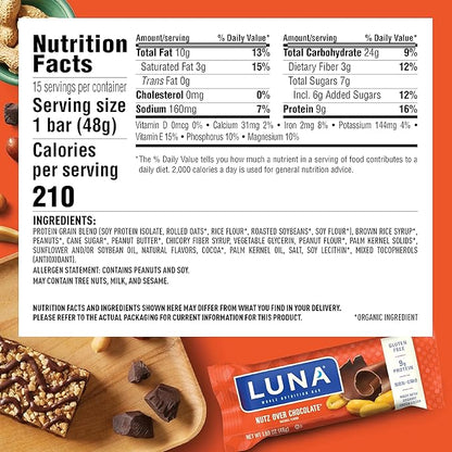 LUNA Bar - Nutz Over Chocolate Flavor - Gluten-Free - Non-GMO - 7-9g Protein - Made with Organic Oats - Low Glycemic - Whole Nutrition Snack Bars - 1.69 oz. (15 Count)