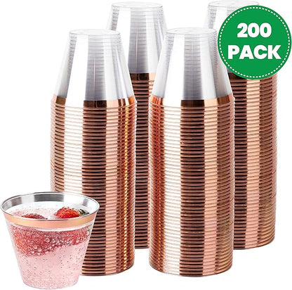 PLASTICPRO 9 oz Disposable Plastic Party Cups,Old fashioned Designed Tumblers, Crystal Clear (Clear With Rose Gold Rim, 200)