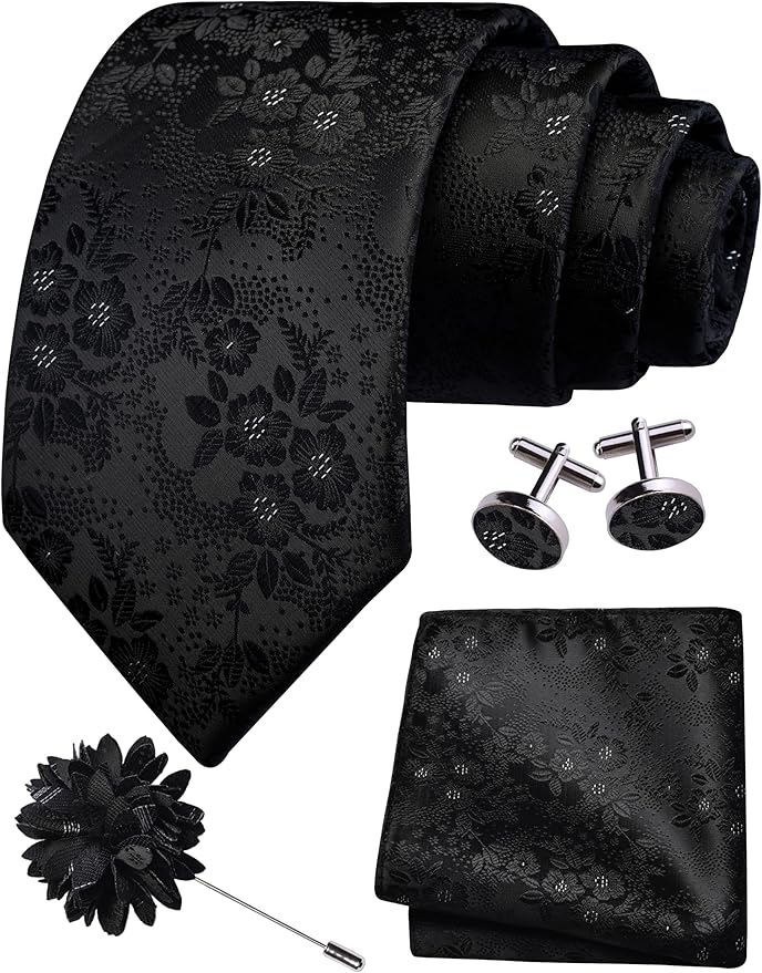 GUSLESON 3.15"（8cm） Mens Floral Tie and Lapel Pin Necktie Hankerchief Cufflinks Set for Men