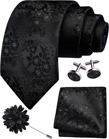 GUSLESON 3.15"（8cm） Mens Floral Tie and Lapel Pin Necktie Hankerchief Cufflinks Set for Men