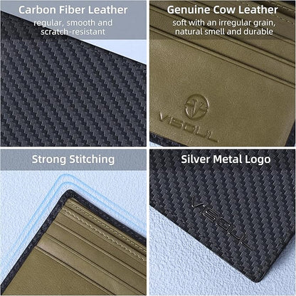 VISOUL Leather Mens Bifold RFID Blocking Wallet with 2 ID Windows, Leather Wallet for Men (Carbon Fiber, Black+Green)
