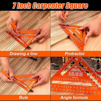 4Pcs Woodworking Tools -7''Aluminum Rafter Square,12''Adjustable Protractor Angle Finder,10'Woodworking Square Ruler and T-Bevel Gauge-1/16 Precision…