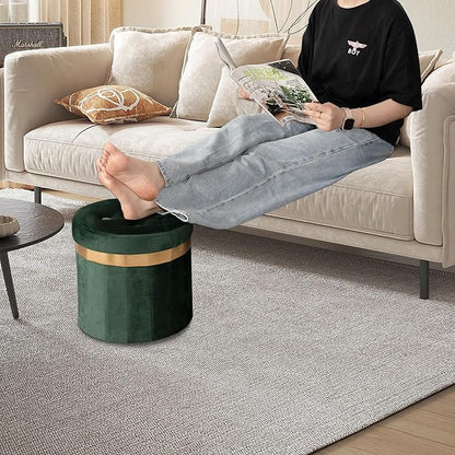 Small Ottoman with Storage,Folding Round Ottoman with Gold Trim,Velvet Storage Stool,Foot Stool with Soft Padded,Foot Rest for Living Room13“x13”x12.4(Green,1pcs)