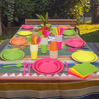 durony 350 Pieces Neon Party Supplies Paper Plates Serve 50 Guests 7 Inch 9 Inch Dinner Plates Napkins Paper Cups Cutlery Bright Color Disposable Glow Party Tableware for Fiesta Neon Birthday