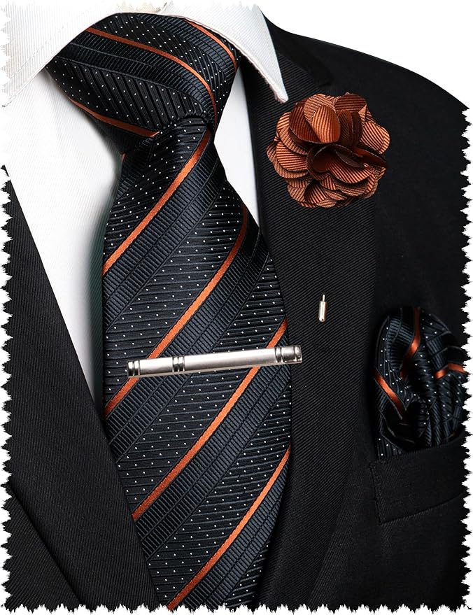 JEMYGINS Mens Striped Tie and Lapel Pin Necktie Pocket Square with Tie Clip Sets for Business Casual 4PCS