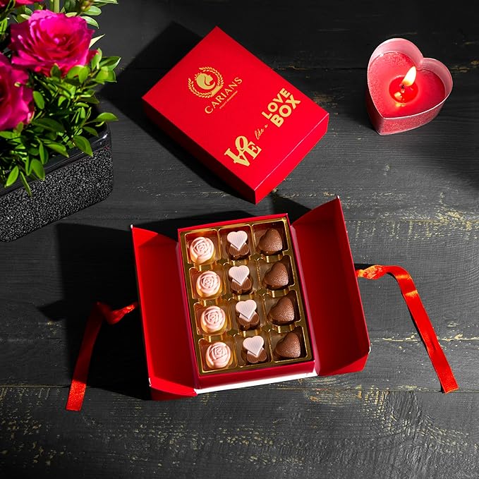 Carian’s Bistro Belgian Chocolate Gift Box of Love, Luxury Milk Chocolates with Strawberry and Hazelnut Cream, Great For Gift Giving, Christmas, Thanksgiving and Anniversary for Lovers, 12 pc.